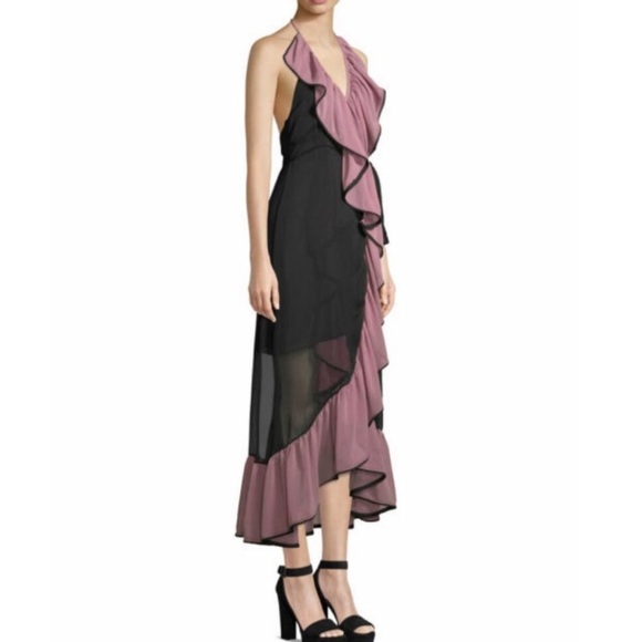 MISA Domanik Ruffle Halter Chiffon Wrap Dress Black Pink - Picture 4 of 12
